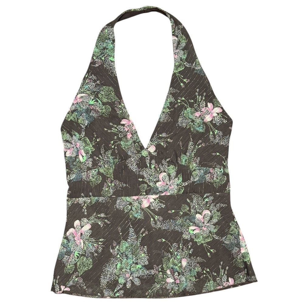Vintage Forever 21 XXI Y2K‎ Halter V Neck Top Women L Brown Pink Floral Festival